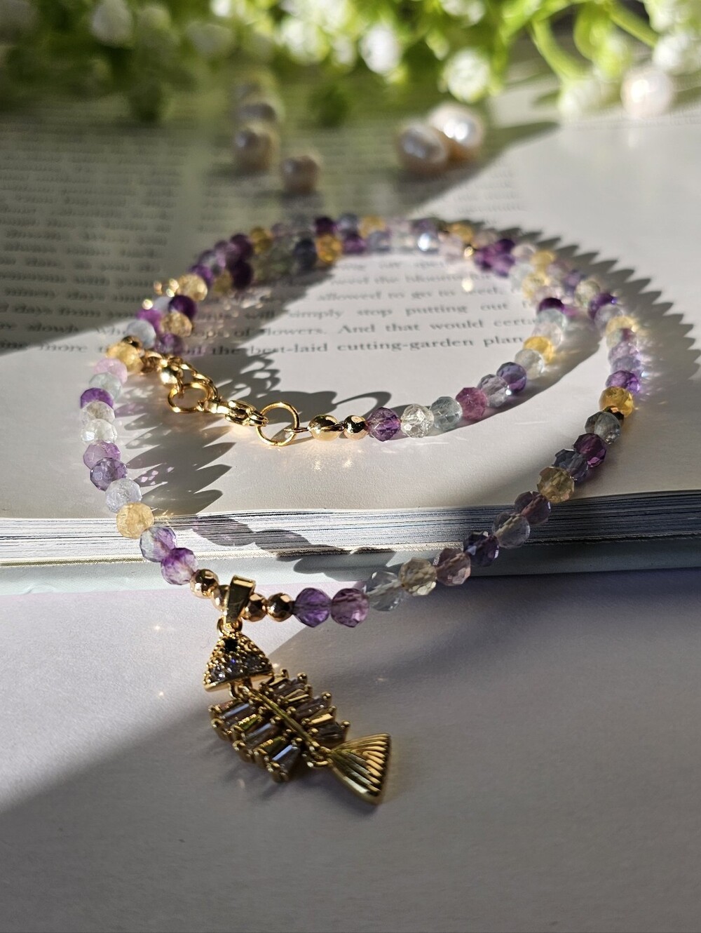 Natural Fluorite with Fish Bone Necklace-Handcraft /Boho Style